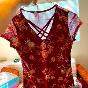 Red Dressy Shirt Sheer Cross Straps in front X floral small